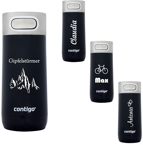 Contigo Tasse isotherme de luxe Autoseal avec gravure – Nom en acier inoxydable – Tasse de voyage – Tasse à café à emporter – Anti-fuite – Couvercle facile à nettoyer sans BPA – 360 ml (Licorice)