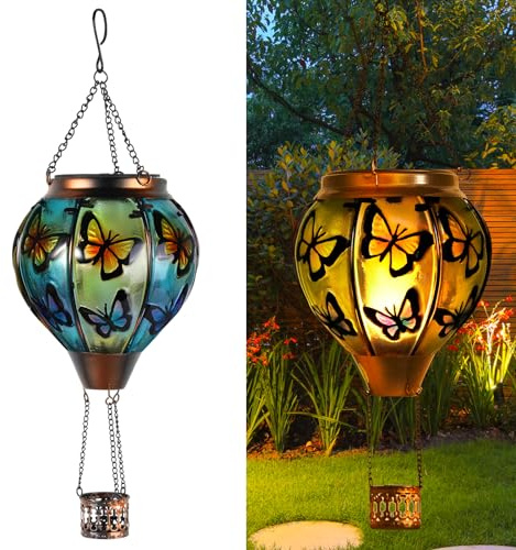 pearlstar Hot Air Balloon Solar Garden Light Waterproof, Flaming Effect Solar Hanging Hot Air Balloon Lantern Garden Ornaments for Indoor Outdoor(Butterfly)