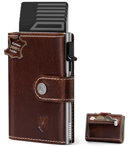 DODENSHA Slim Wallet mit Münzfach | Herren Geldbörse mit Knopf | Wallets for Men | Portmonee Herren mit Ticket Fach | Pop-up-Kreditkartenetui Geldbeute für 7-9 Karten | RFID Schutz I BraunSilber