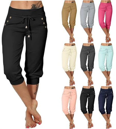 Cropped Trousers for Women UK Straight Leg Joggers Cuffed Cargo Trousers Drawstring Sweatpants Baggy Capri Trouser Elastic Waist Ladies Summer Trouser Capri Pants with Pockets Black, M