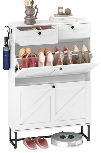 SOCOMFAY Schuhschrank Schmal Weiß mit 2 Klappen und 2 Schubladen | Schuhkipper, Trennwände Verstellbar, Anti-Kipp-Vorrichtung, Hoch, Für Flur Eingang Diele Garderobe