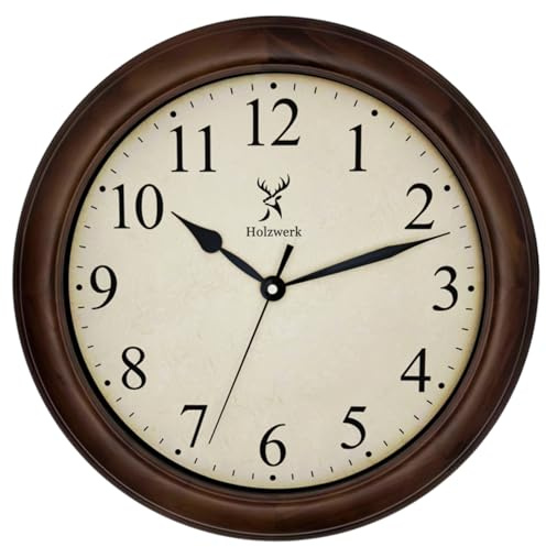 Holzwerk Natur Vintage Retro Holz Wanduhr Holz-Uhr laufleises Uhrwerk ohne Tickgeräusche Braun nahezu lautlos aus handgefertigtem Massivholz Natur 14 Zoll 35cm (HWN.Braun)