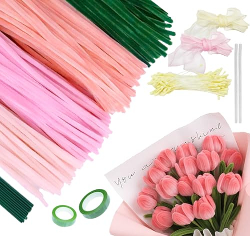 Homewit Rosa Tulip Pfeifenreiniger Blumen Set, 400 Stück Pfeifenputzer zum Basteln 4 Farben Pipe Cleaner mit Floristenband, Blumendraht, Klebeband, DIY Blumenstrauß (Hellrosa, Blassrosa, Grün)