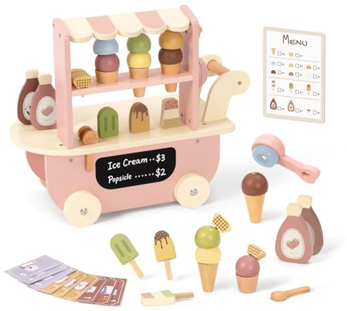 OOOK Eisdiele Kinder Holz, Eisladen Spielküche Zubehör mit Löffel, Eiswagen zum Rollenspiel mit Speisekarte und Spielgeld, EIS Spielzeug für Kinder ab 3 Jahre