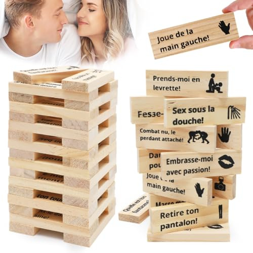 Umllpet Jeu de Tour de Blocs Coquins 48 Pièces, Lust Tower pour Couples, Jeu Coquin de Tour Infernale pour Adultes, Blocs Empilables en Bois, Cadeaux pour Saint Valentin Époux Couples Adultes
