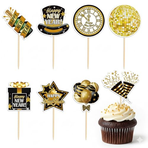 2026 Silvester Tortendeko, 16STK Happy New Year Cupcake Toppers, Frohes Neues Jahr Kuchen Muffin Deko Cake Toppers, Silvester Party Deko 2026