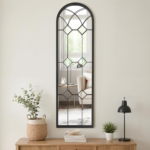 Warmiehomy Arched Window Mirror Garden Outdoor Wall Mirror with Metal Frame for Courtyard,Living Room,Hallway Decor(30x100cm, Black-3)