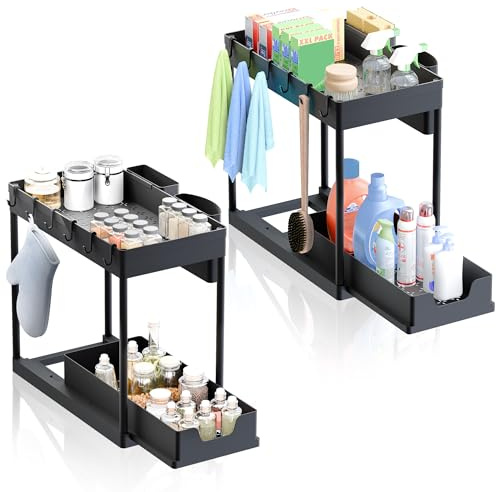 Tropamig - Pack de 2uds Mueble fregadero con 2 Niveles - Organizador Bajo Fregadero Cocina Lavabo. Organizador Debajo Fregadero Estante Extraíble, 16 Ganchos, 2 Cestas y REGALO 2 Colgadores Adhesivos
