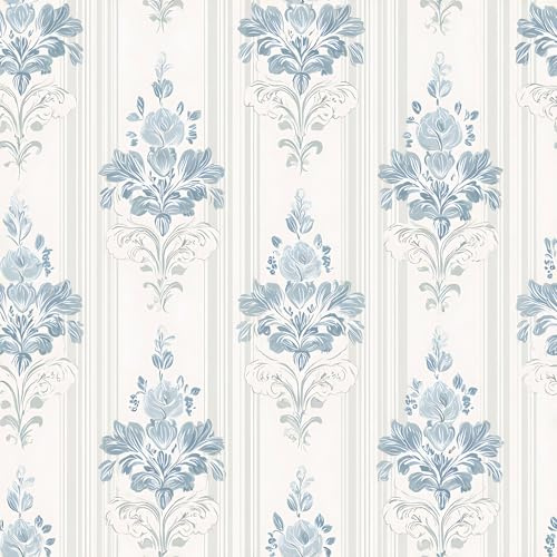 VaryFloral Floral Striped Wallpaper French Blue Rose Flower Wallpaper for Bedroom Peel and Stick Elegant Farmhouse Wall Paper Removable Floral Stripe Contact Paper Living Room Wall Covering 17.7x157
