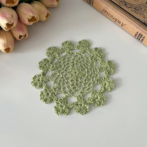 Blausky 1 Stück Handgefertigte Häkeldeckchen rund Ø13-15cm,Untersetzer und Platzdeckchen aus Baumwolle-Polyester,Boho Spitzen Tischset Vintage Deckchen für Esstisch Hochzeit Kaffee Deko,Grün