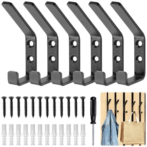 TTYSHIP® 6 Stück Akustikpaneele Haken, Haken für Akustikpaneele, Schwarz | mit Spreizdübel, Schrauben, Schraubendreher für Jacken, Mäntel, Hut