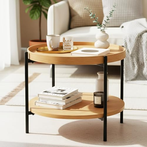 CLP Couchtisch rund Holz Corbitan, Sofatisch 2 Ebenen mit Stauraum, Beistelltisch klein Metallgestell schwarz, Farbe:Natur, Größe:Ø 50 cm