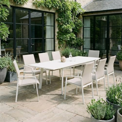 IDIMEX Gartenmöbel Set Verano, weiß/beige - mit 8 Stühlen und ausziehbarem Gartentisch, Aluminium und wetterfeste Textilene, stapelbar, strapazierfähig, Outdoor-Möbel, Balkonmöbel, Terrassenmöbel