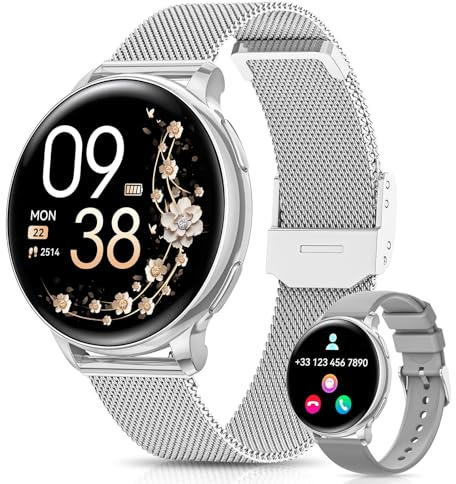 AIMIUVEI Smartwatch Damen, 1.27 HD Fitnessuhr mit Telefonfunktion, Menstruationszyklus, 120+ Sportmodi, 24H Pulsuhr, 24H SpO2, Schlafmonitor, Kalorien, Fitness Tracker, IP68 iOS Android Silber