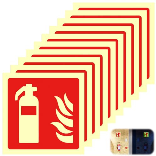 10 Stück Set Feuerlöscher Schild 10x10 cm nachleuchtend - Selbstklebende PET Aufkleber langnachleuchtend, UV-beständig, Hinweisschilder Feuerlöscher Piktogramm für Haus, Baustelle, Betrieb, Auto
