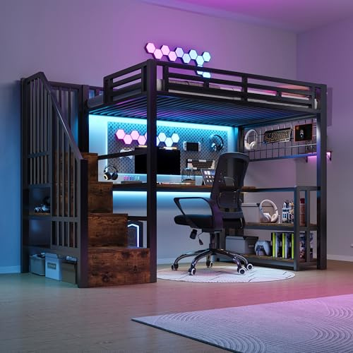 Merax Hochbett mit Schreibtisch 90x200 cm, Hochbett Metallbett，Mit LED-Leuchten & USB Steckdose, Treppenkonstruktionen mit Stauraum, Schwarz(ohne Matratze)