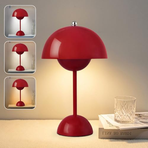 DASIAUTOEM Pilzlampen Tischlampe, LED Akku Tischlampe Kabellos, 3000k-6000k Aufladbar Touch Dimmbar Nachttischlampe mit 3 Helligkeitsmodi, Pilz Lampe für Hochzeit Schlafzimmer Wohnzimmer (Rotwein)