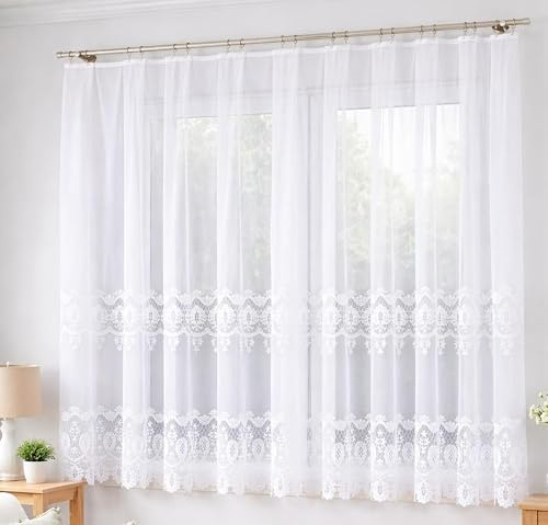 Gardinen Vorhangen WeißJacquard 400x160 cm (BxH) Libretto Fertiggardine Mit Spitzenmuster Transparente Gardine Mit Kräuselband, Elegante Fensterdekoration Für Wohnzimmer Schlafzimmer