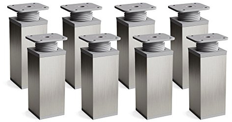 Sossai Piedini regolabili per mobili, set 8 pezzi, H 60 mm, acciaio spazzolato grigio, design moderno, profilo quadrato, modello MFV1, per armadi, comò