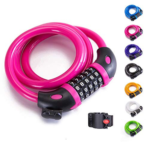 Bike Lock Bicycle Lock Chain ，5-Digit Combination Lock Core Steel Wire Bike Lock Security&Portable Bicycle Locks,1.1m x 1/2 inch (Pink)