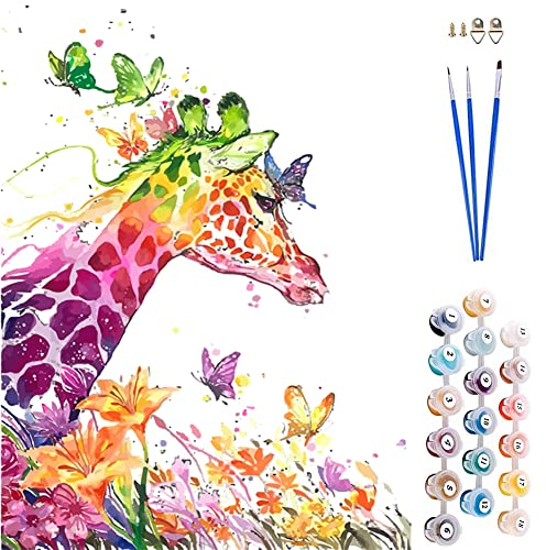 ABEUTY Malen nach Zahlen für Erwachsene Kinder, Rosa Giraffe Schmetterlinge Blumen Tiere inklusive Pinsel und Acrylfarben Diy Handgemalt öLgemäLde Kit Als Geschenk 40 x 50cm