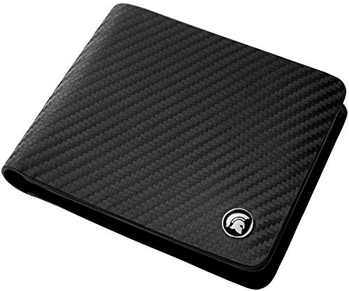 Powr Herrplånbok i Äkta Läder - RFID-Blockerande Plånbok i Kolfiberdesign med 6 Kortfack, 2 Sedelfack och ID-Fönster - Stilren Minimalistisk Plånbok med Elegant Presentask (Svart)