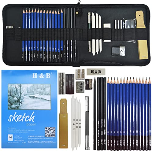 lunaoo Drawing Pencil Artist Drawing Material Kit, Art Supplies with Sketching Graphite Pencils & Charcoal Pencils for Kids, Adults Professional, 36 Pieces