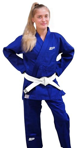 Starpro Kimono Judo GI 350 Grammi Com Miscela di Cotone Premium. Uniforme Professionale per Allenamento e Competizioni - Biano e Blu - Uomini, Donne e Bambini - 110-190 - Senza Cintura