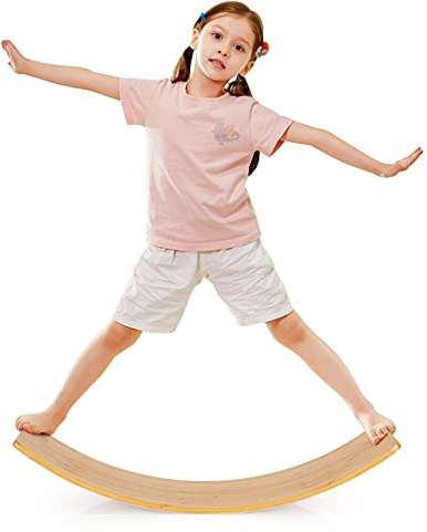 COSTWAY 6 en 1 Planche d'Équilibre Enfant en Bois avec Coins Arrondis, Balance Board avec Design Incurvé, Planche à Bascule Intérieur Extérieur, Charge 150kg pour Enfants de 19 Mois+, 90,5 x 29,5cm