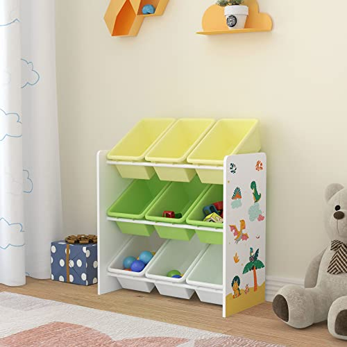 [en.casa] Kinderregal Muxía mit 9 Aufbewahrungsboxen Spielzeugregal mit Dinosaurier-Motiv Spielregal Weiß Grün Gelb Kinderzimmer Organizer