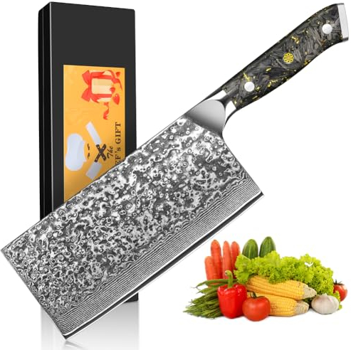 Home Safety Damast Hackmesser - Premium Chinesisches Küchenmesser Damastmesser I extra Scharfes 17.6 cm Klinge aus 67 Lagen VG-10 Damaststahl I Damast Fleischmesser, Geschenkbox