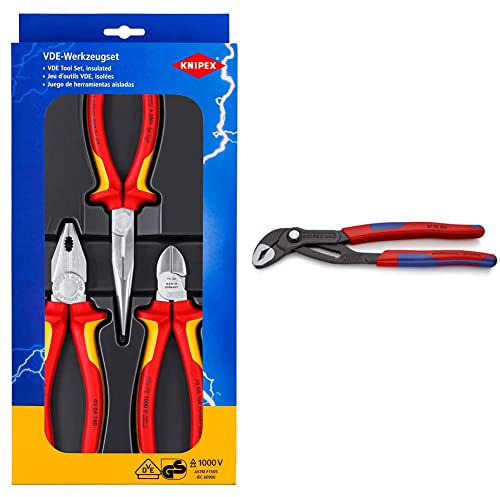 Knipex Elektro-Paket (SB-Karte/Blister) 00 20 12 & Cobra®, Wasserpumpenzange | Rohrzange mit 2K-Griffen, Chrom-Vanadium, Rostschutz atramentiert, 250 mm, 87 02 250