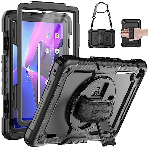 SEYMAC Hülle für Lenovo Tab M10 3. Generation, 10,1 Zoll, 2022 erschienen, (Modellname TB-328FU & TB-328XU), mit Displayschutzfolie, Handschlaufe, Schwarz