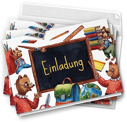 10 Einladungskarten Einschulung mit Umschlag Erste Klasse 1. Schultag Schule Klappkarten Design Tafel Tiere Collage