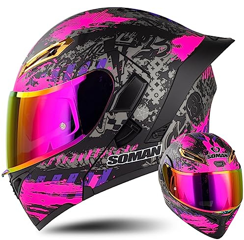 WYXAXNM Casco de Moto Modular con Mentonera Abatible, Casco de Scooter Modular con Visera Abatible, Casco de Moto Modular ECE Homologado con Doble Visera Lente de Color Hombres Mujeres