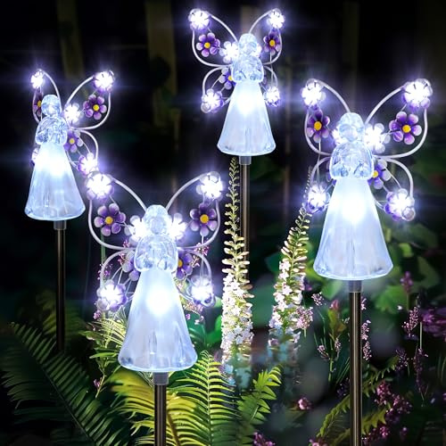 GIGALUMI Solar Angel Garden Stake Lights - 4 Pack Angel Solar Lights Outdoor Garden, Eternal Light Angel with 7 LEDs for Cemetery Grave Decorations, Memorial Gift, Christmas Yard Art, Sympathy Gift