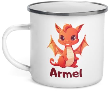 Chatcripant Mug Enfant Personnalisé Fantaisie avec Prénom – Cadeau Enfant (Blanc - Dragon, Gobelet en Acier Émaillé)