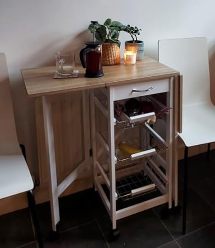 Kitchen Dining Table Small Storage Shelf Rack Drop Leaf Bar Breakfast Trolley Wheels Cart Folding Wooden Island Rustic White Oak Space Saving Furniture