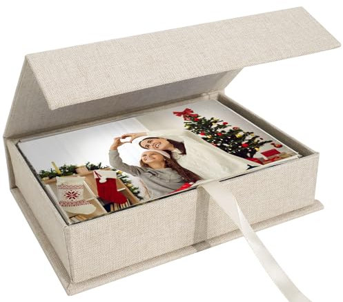 Hiwhy Foto Aufbewahrungsbox 10x15 cm, Leinen-Fotobox, Erinnerungsbox zur Aufbewahrung von Fotos, Bildern, Urkunden, Scrapbooking-Zubehör, Andenken und Schmuck Beige