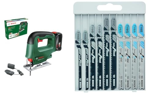 Bosch Home and Garden EasySaw - Seghetto alternativo a batteria 18 V-70 (batteria, caricatore, con 1 lama per alternativo, in cartone) + 10 Pezzi di Lame per Seghetto Alternativo (per Legno e Metallo)