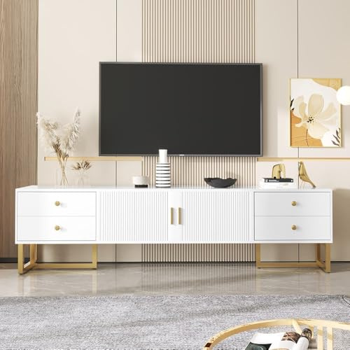 Sweiko TV-Schränke, Unterschränke,TV-Schrank mit Strukturtüren, niedriges Paneel, Schrank mit Schubladen, Goldgriffe, Wohnzimmermöbel mit Goldfüßen (White, 175 * 30 * 46cm)