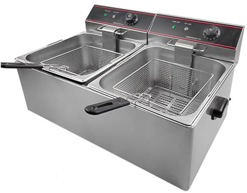 Freidora eléctrica de 23,2 cuartos de galón con control de temperatura ajustable fácil de limpiar, freidora de doble tanque de acero inoxidable con cesta y tapa, 7000 W, freidora para pollo frito