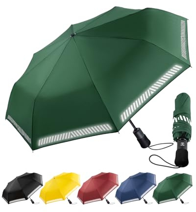 Chakipee Parapluie Pliant Resistant Vent Fort Réfléchissant Dm100cm - 8 Sections de Poche Compact Automatique Solide Parapluies Vert- Anti Vent Tempete Armature Pour Hommes Femmes