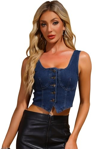 Allegra K Donna Gilet Jean Scollo Quadrato Bottoni Senza Maniche Corto