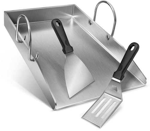 Grillplatte Plancha Geschenke für Männer Frauen Weihnachtstag, mit 2 Grillspachtel Set, 4mm Dickem Edelstahl BBQ mit Abnehmbar Griffen, für Gasgrill und Holzkohlegrill 40 x 30 x 4 cm,
