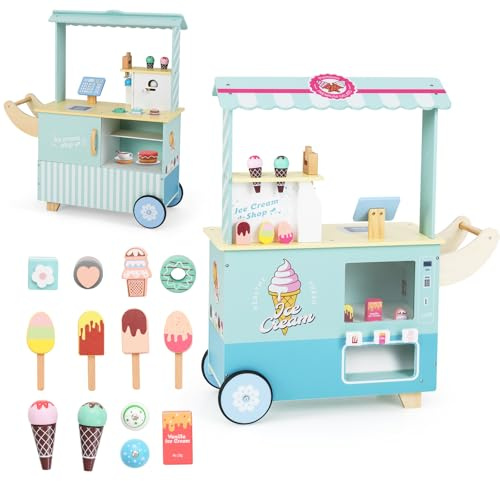 HOMASIS Carrello Gelati Bambini in Legno con 15 Accessori, 6 Gelati Giocattolo, Gelatiera, Distributore Automatico, Cassa e Scanner, Gelateria con Ruote per Bambini dai 3+ Anni (Verde)