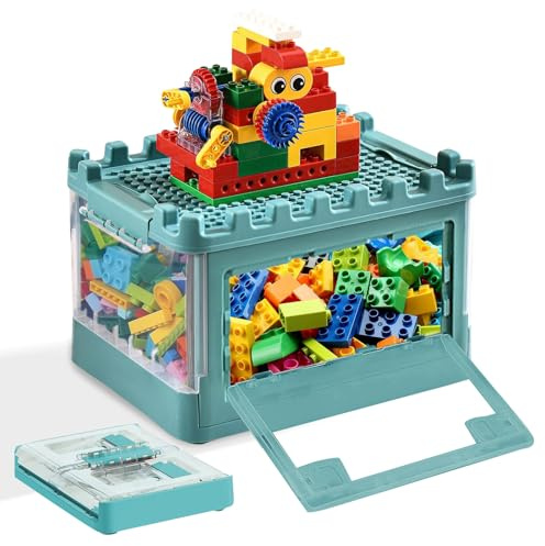 Faltbar Kinder Aufbewahrungsbox MIT Deckel für Lego, Storage Box Spielzeug | Kunststoff für Kinder Boxen Aufbewahrung, Doppelöffnungen mit Riemenscheiben, Geeignet für Kinder