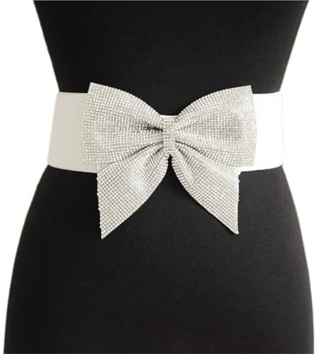 YDYAENIO Kummerbund Damen Strass Schleife Breiter Gürtel Kleid Elastischer Kummerbund Bund Frauen Party Taillengürtel für Kleider und Blusen(White)