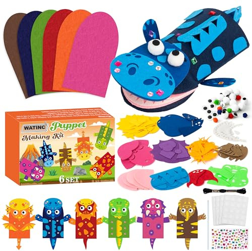 WATINC 6pcs Felt Handpuppe DIY Art Craft Set, Kunsthandwerk gefühlt Socke Puppet Spielzeug, kreative DIY machen Sie Ihre eigenen Pompoms Wiggle Googly Augen Storytelling Party Supplies (Dinosaurier A)