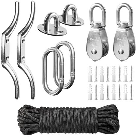 YHTCC M20 Stainless Steel Washing Line System Heavy Duty Pulley Wheel Set | Washing Line Pulley System 20m/6mm Nylon Rope, Cleat Hooks, 360° Swivel Pulley Block for Indoor Outdoor Use